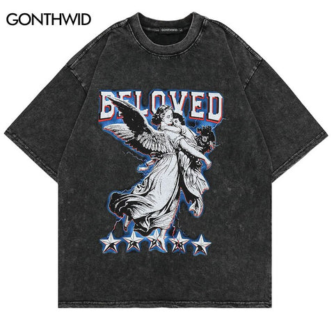 Men Punk T Shirt Hip Hop Distressed Streetwear Vintage Retro Angel Print Cotton Tshirt 2023 Harajuku Casual Short Sleeve T-Shirt
