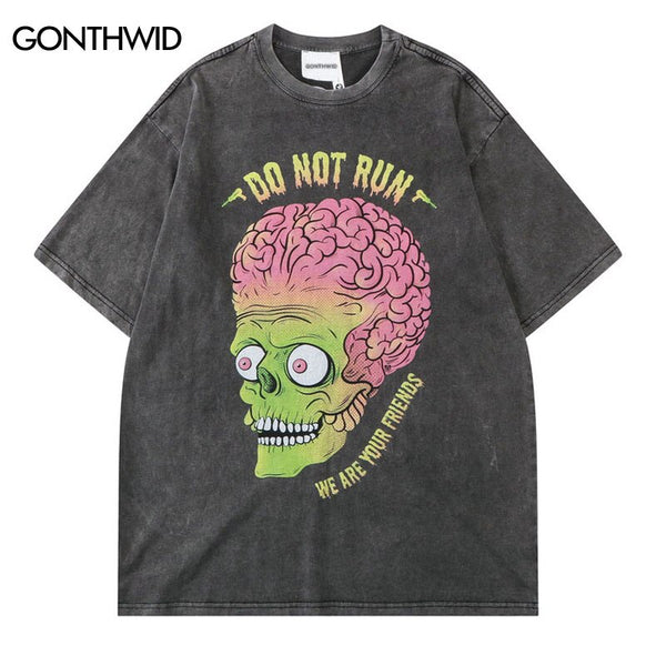 Men Punk T-Shirt Hip Hop Funny Brain Zombie Print Distressed Punk Gothic Tee Shirts Streetwear 2023 Harajuku Casual T Shirt Top