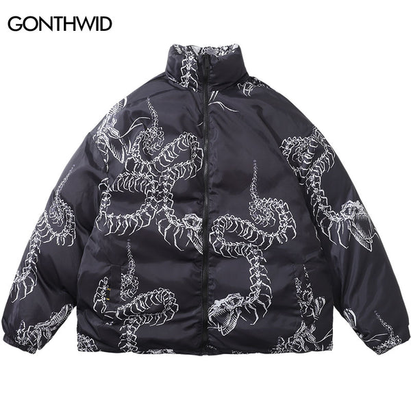 Men Reversible Jacket Parka Streetwear Winter Hip Hop Snake Print Punk Gothic Thick Warm Puffer Coats Harajuku Oversized Outdoor