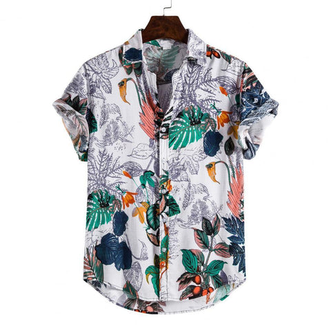 Men Short Sleeve Lapel Printed Shirt Tropical Leaf Pattern Floral Shirt Casual Summer Hawaiian Holiday Camisa TopsM-3XL