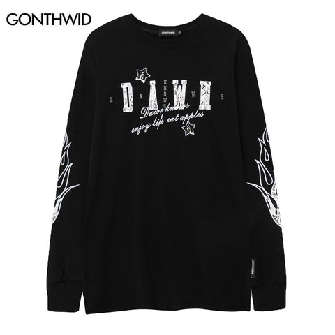 Men Streetwear T-Shirt Hip Hop Embroidery Letter Flame Long Sleeve Shirts 2023 Autumn Harajuku Casual Loose Cotton Tshirt Unisex