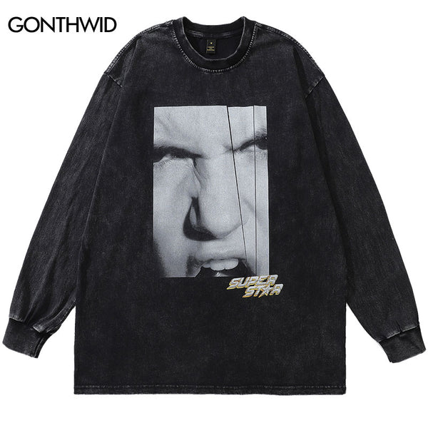 Men Streetwear Tshirt Hip Hop Graphic Print Distressed Wash Long Sleeve T-Shirt Harajuku Casual Cotton Loose Punk Gothic Shirts