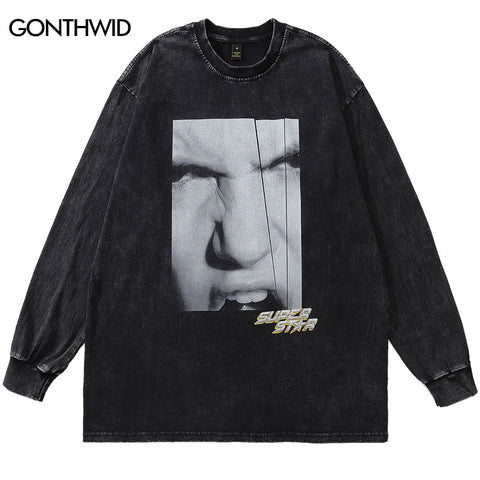 Men Streetwear Tshirt Hip Hop Graphic Print Distressed Wash Long Sleeve T-Shirt Harajuku Casual Cotton Loose Punk Gothic Shirts