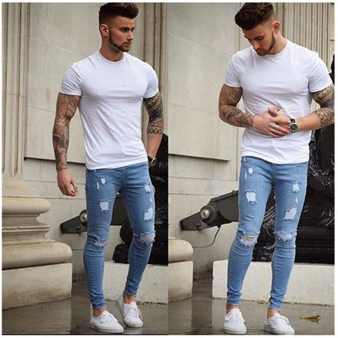 Men Stylish Ripped Jeans Pants Biker Slim Straight Hip Hop Frayed Denim Trousers Skinny Jeans