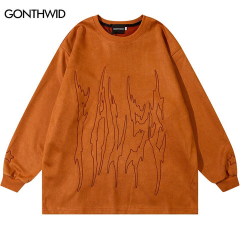 Men Suede Sweatshirt Streetwear Embroidery Letter Star Pullover Hip Hop Harajuku Loose Street Wear Couple Brown Green