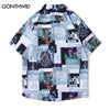 Men Summer Blouse Shirt Streetwear Hip Hop Skull Print Button Up Hawaiian Shirts Harajuku Casual Short Sleeve Pocket Shirts Top