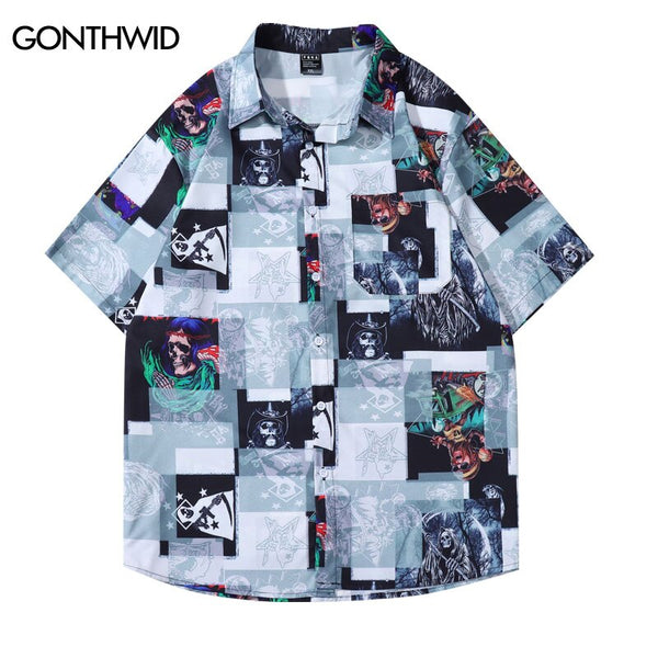 Men Summer Blouse Shirt Streetwear Hip Hop Skull Print Button Up Hawaiian Shirts Harajuku Casual Short Sleeve Pocket Shirts Top