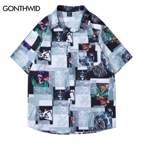Men Summer Blouse Shirt Streetwear Hip Hop Skull Print Button Up Hawaiian Shirts Harajuku Casual Short Sleeve Pocket Shirts Top