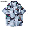Men Summer Blouse Shirt Streetwear Hip Hop Skull Print Button Up Hawaiian Shirts Harajuku Casual Short Sleeve Pocket Shirts Top