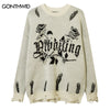 Men Sweater Y2K Grunge Vintage Ripped Destroyed Hole Jumpers Hip Hop Casual Knitted Flower Punk Gothic Loose Pullover Streetwear