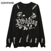 Men Sweater Y2K Grunge Vintage Ripped Destroyed Hole Jumpers Hip Hop Casual Knitted Flower Punk Gothic Loose Pullover Streetwear