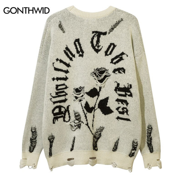 Men Sweater Y2K Grunge Vintage Ripped Destroyed Hole Jumpers Hip Hop Casual Knitted Flower Punk Gothic Loose Pullover Streetwear