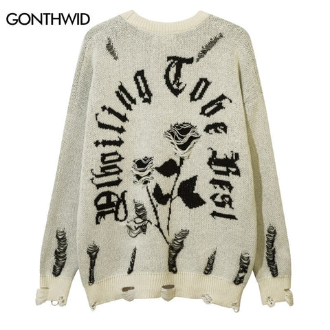 Men Sweater Y2K Grunge Vintage Ripped Destroyed Hole Jumpers Hip Hop Casual Knitted Flower Punk Gothic Loose Pullover Streetwear