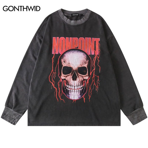 Men Sweatshirt Hoodie Hip Hop Vintage Skeleton Skull Print Sweatshirts Streetwear 2023 Retro Cotton Punk Gothic Pullover Hoodie