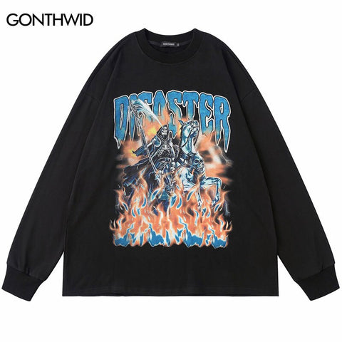 Men Sweatshirt Hoodie Streetwear Hip Hop Flame Skull Skeleton Print Punk Gothic Pullover 2023 Harajuku Casual Cotton Sweatshirt