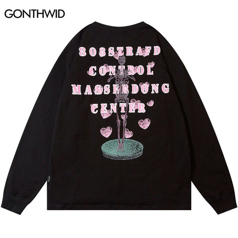 Men T Shirt Hip Hop Skull Skeleton Letter Print Cotton Long Sleeve Oversized Tshirt Streetwear Harajuku Casual Loose Tees Tops