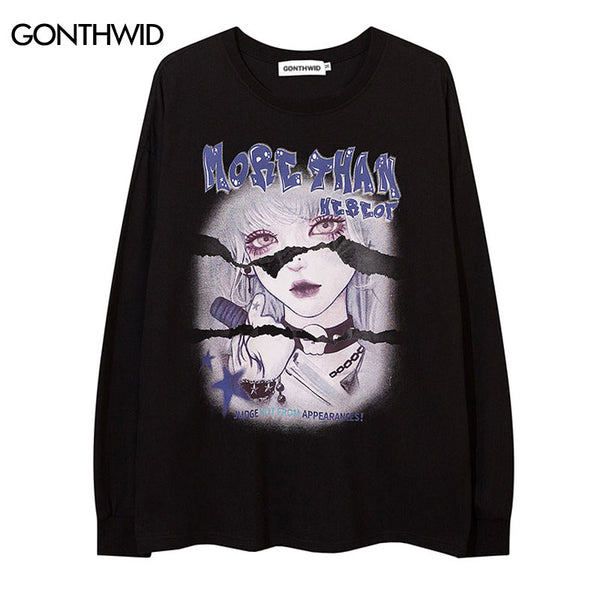 Men T Shirt Streetwear Harajuku Japanese Anime Cartoon Girl Print Oversize Long Sleeve Tshirt Hip Hop Casual Cotton Loose Shirts
