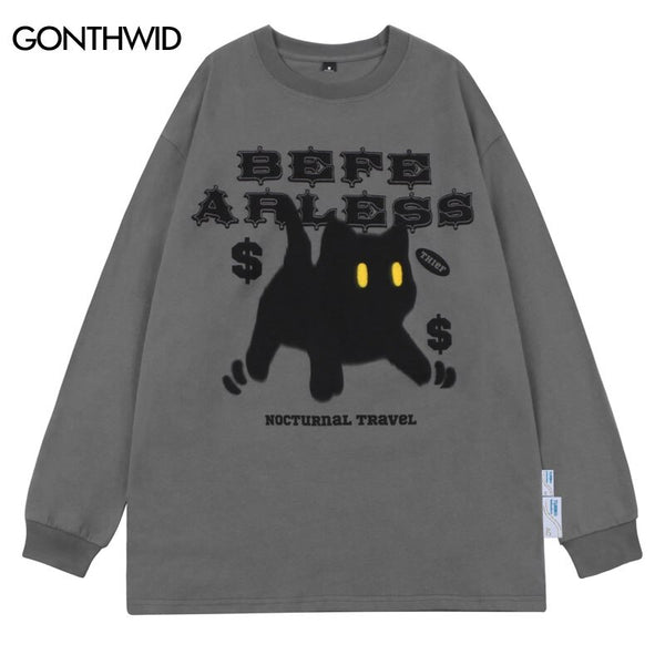 Men T Shirt Streetwear Hip Hop Funny Cat Print Long Sleeve Tshirt Streetwear 2023 Harajuku Casual Cotton Loose Shirts