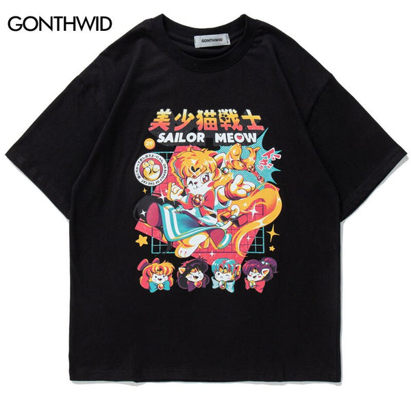 Men T-Shirt Streetwear Hip Hop Funny Sailor Cat Print Casual Loose Tee Shirts Harajuku Summer Cotton Short Sleeve Tshirt Tops