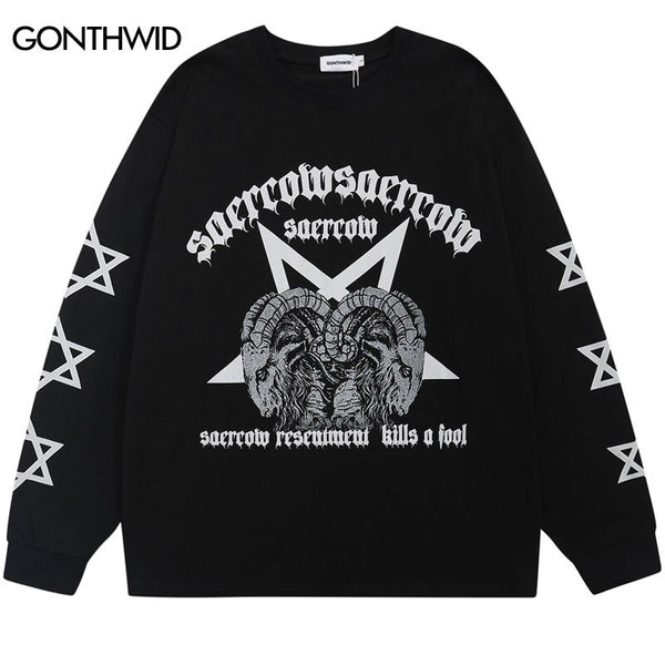Men T-Shirt Streetwear Hip Hop Goat Print Long Sleeve Cotton Oversized Shirts 2023 Autumn Harajuku Casual Loose Punk Goth Tshirt