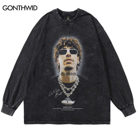Men T-Shirt Streetwear Hip Hop Graphic Print Cotton Washed Tshirts Harajuku Casual Loose Long Sleeve Gothic Tee Shirts