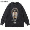 Men T-Shirt Streetwear Hip Hop Graphic Print Cotton Washed Tshirts Harajuku Casual Loose Long Sleeve Gothic Tee Shirts