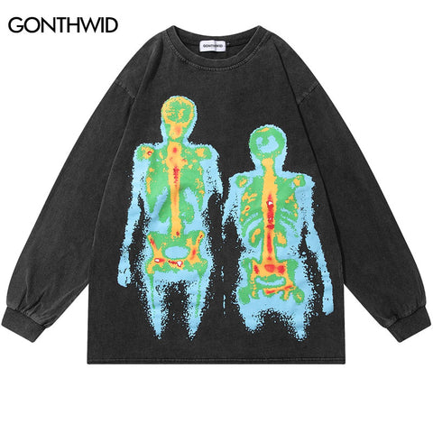 Men T-Shirt Streetwear Hip Hop Vintage Skeleton Skull Print Oversized Punk Gothic Distressed Long Sleeve Tshirt Tee Shirts Top