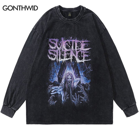 Men T-Shirts Streetwear Hip Hop Vintage Graphic Print Punk Gothic Washed Long Sleeve Tshirt Harajuku Casual Cotton Loose Shirts
