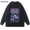 Men T-Shirts Streetwear Hip Hop Vintage Graphic Print Punk Gothic Washed Long Sleeve Tshirt Harajuku Casual Cotton Loose Shirts