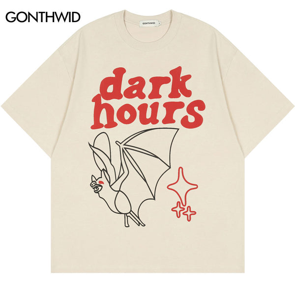 Men Tshirt Streetwear Harajuku Cartoon Bat Letter Print Short Sleeve T-Shirt Hip Hop Casual Loose Shirts Summer Cotton Tee Top