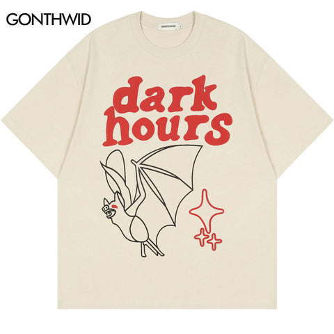 Men Tshirt Streetwear Harajuku Cartoon Bat Letter Print Short Sleeve T-Shirt Hip Hop Casual Loose Shirts Summer Cotton Tee Top