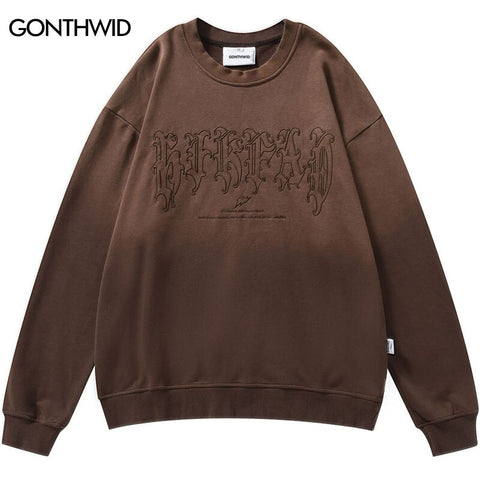 Men Vintage Gradient Sweatshirt Hoodie Hip Hop Embroidery Letter Crewneck Sweatshirt 2023 Harajuku Casual Loose Pullover