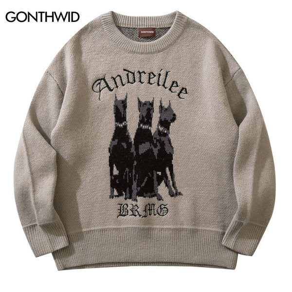 Men Vintage Sweater Y2K Streetwear Hip Hop Vintage Knitted Doberman Dog Sweaters Autumn Harajuku Retro Casual Sweaters