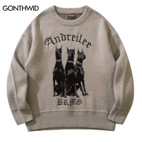 Men Vintage Sweater Y2K Streetwear Hip Hop Vintage Knitted Doberman Dog Sweaters Autumn Harajuku Retro Casual Sweaters