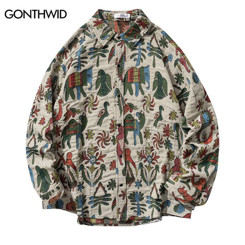 Men Vintage Thick Shirt Streetwear Hip Hop Floral Button Up Long Sleeve Shirts 2023 Harajuku Casual Loose Shirt Male