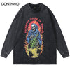 Men Vintage Tshirt Streetwear Hip Hop Flame Skull Skeleton Print Washed T-Shirts Punk Gothic Long Sleeve Shirts Harajuku Loose