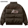 Men Winter Bomber Parkas Jackets Harajuku Embroidery Letter Suede Leather Thicken Warm Bubble Padded Coats Hip Hop Loose Outwear