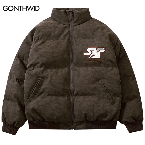Men Winter Bomber Parkas Jackets Harajuku Embroidery Letter Suede Leather Thicken Warm Bubble Padded Coats Hip Hop Loose Outwear