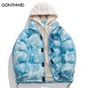 Men Winter Hooded Parka Jackets Streetwear Hip Hop Tie Dye Fuzzy Fluffy Hood Thick Warm Coats Harajuku Casual Outdoor