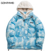 Men Winter Hooded Parka Jackets Streetwear Hip Hop Tie Dye Fuzzy Fluffy Hood Thick Warm Coats Harajuku Casual Outdoor