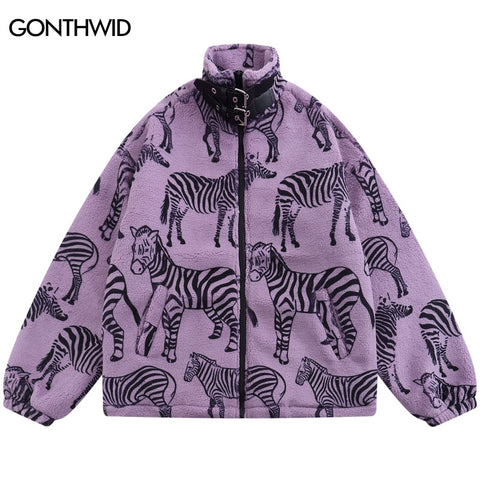 Men Winter Parkas Jacket Streetwear Hip Hop Zebra Print Fluffy Fuzzy Thicken Warm Coat 2023 Autumn Harajuku Casual Loose
