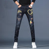 Men’s Light  Embroidery Badge Jeans,Prints Slim-fit Stretch Blue Jeans, Scratches&Ripped Casual Denim Pants;