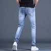 Men’s Light  Embroidery Badge Jeans,Prints Slim-fit Stretch Blue Jeans, Scratches&Ripped Casual Denim Pants;