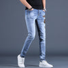 Men’s Light  Embroidery Badge Jeans,Prints Slim-fit Stretch Blue Jeans, Scratches&Ripped Casual Denim Pants;