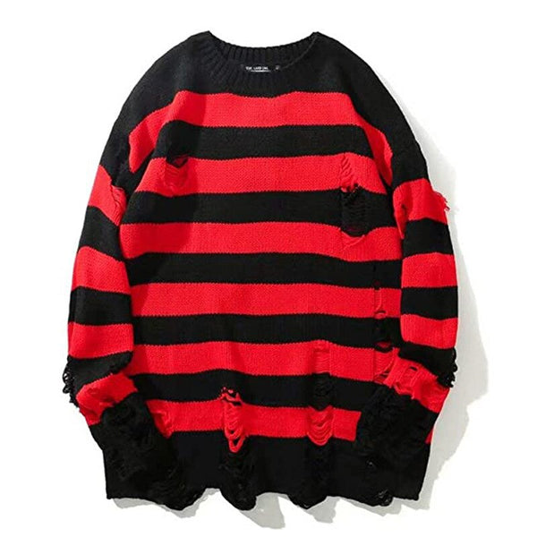 Men's Punk Unisex Striped Sweaters Autumn Hollow Out Hole Broken Harajuku Jumper Loose Oversized Pullouvers Sweater Streetwear