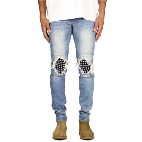 Men's Ripped Studded Knee Stretch Skinny Casual Distressed Hip Hop Men Jeans