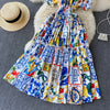 Menahem 2022 Summer Bohemian Porcelain Printed Flower Midi Dress Women's Off Shoulder Puff Sleeve Elastic Waist Runway Dress