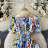 Menahem 2022 Summer Bohemian Porcelain Printed Flower Midi Dress Women's Off Shoulder Puff Sleeve Elastic Waist Runway Dress
