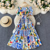 Menahem 2022 Summer Bohemian Porcelain Printed Flower Midi Dress Women's Off Shoulder Puff Sleeve Elastic Waist Runway Dress