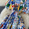 Menahem 2022 Summer Bohemian Porcelain Printed Flower Midi Dress Women's Off Shoulder Puff Sleeve Elastic Waist Runway Dress